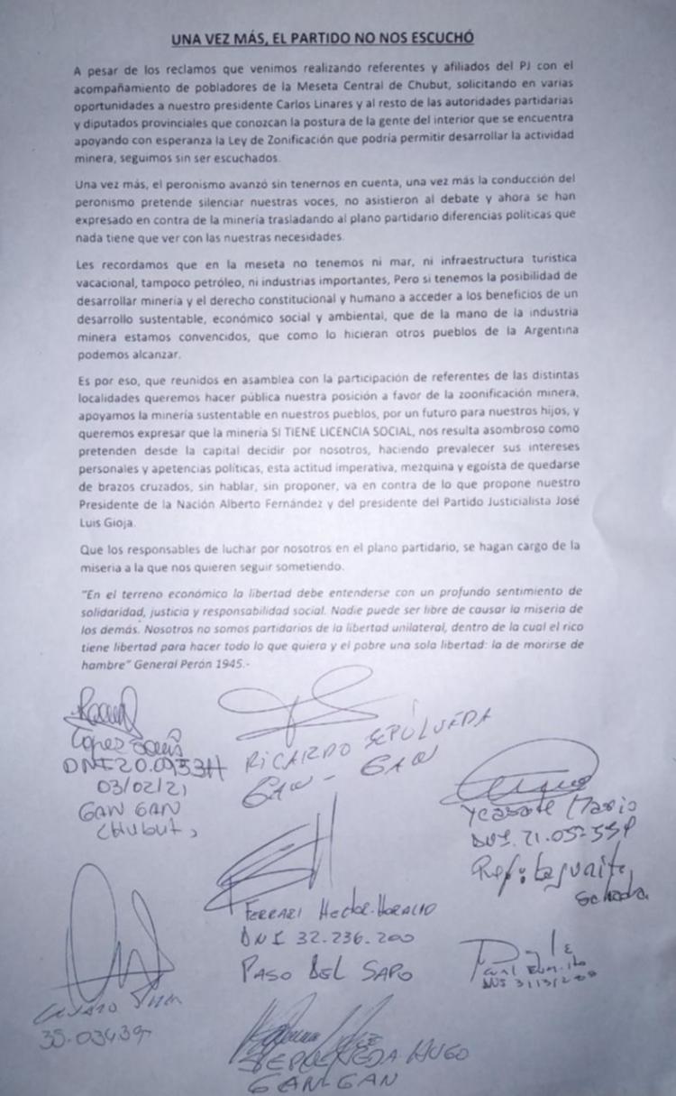 Chubut: Dirigentes del PJ de la Meseta acusaron a su partido de no escuchar su posición sobre el proyecto minero Chubut: Dirigentes del PJ de la Meseta acusaron a su partido de no escuchar su posición sobre el proyecto minero