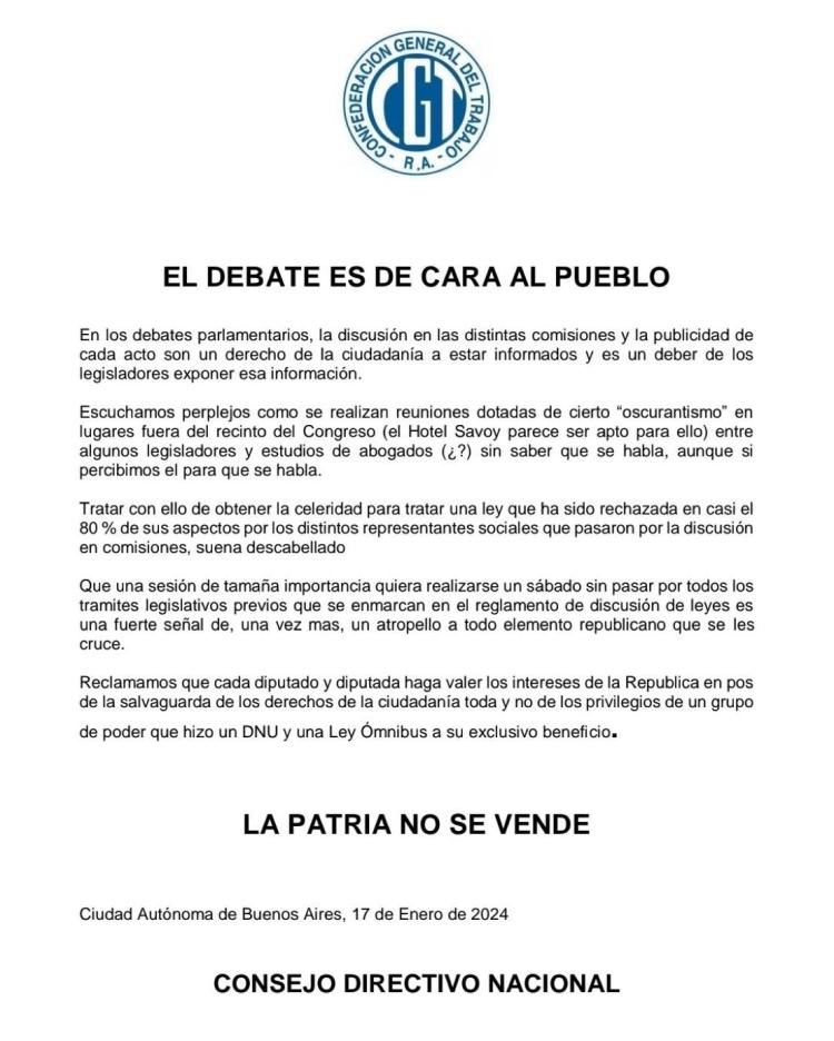 "El debate es de cara al pueblo": CGT denunció "oscurantismo" e intento de cambiar fecha de debate "El debate es de cara al pueblo": CGT denunció "oscurantismo" e intento de cambiar fecha de debate