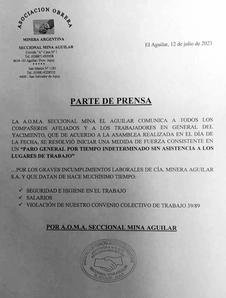 Jujuy: Medida de fuerza de los trabajadores de Mina Aguilar Jujuy: Medida de fuerza de los trabajadores de Mina Aguilar