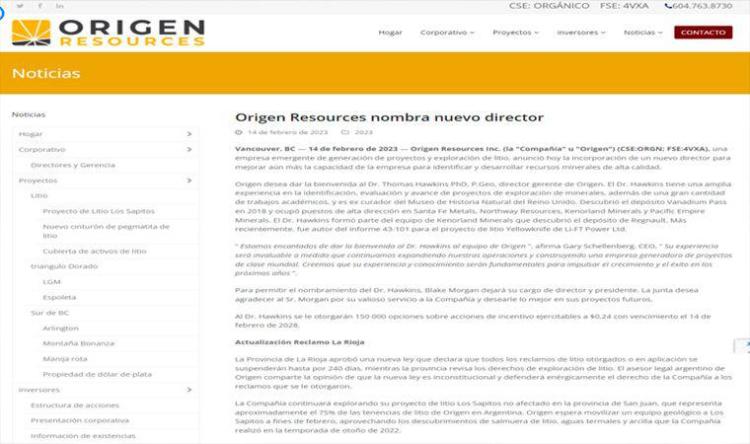 La Rioja: La empresa minera de Canadá, Origen Resources, demandará a la provincia por considerar inconstitucional la ley sobre el litio La Rioja: La empresa minera de Canadá, Origen Resources, demandará a la provincia por considerar inconstitucional la ley sobre el litio