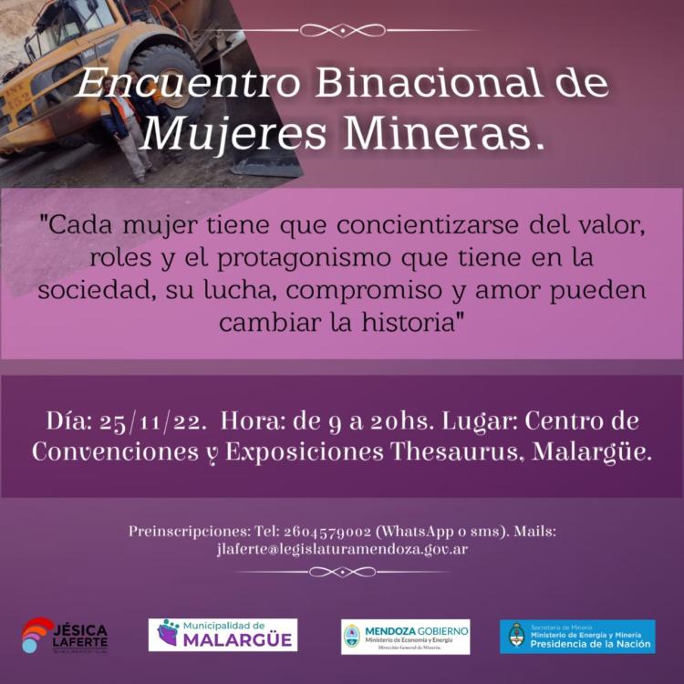 Mendoza: Realizarán en Malargüe el primer Encuentro Binacional de Mujeres Mineras Mendoza: Realizarán en Malargüe el primer Encuentro Binacional de Mujeres Mineras