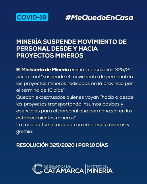 Catamarca/coronavirus: Minería suspende movimiento de personal desde y hacia proyectos mineros Catamarca/coronavirus: Minería suspende movimiento de personal desde y hacia proyectos mineros