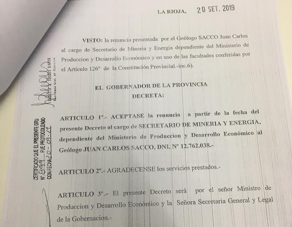 La Rioja: Renunció el secretario de Minería y Energía Juan Carlos Sacco