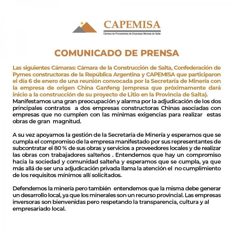 Salta: Preocupación y alarma por la adjudicación de los dos principales contratos a dos empresas constructoras chinas por parte de Ganfeng Salta: Preocupación y alarma por la adjudicación de los dos principales contratos a dos empresas constructoras chinas por parte de Ganfeng